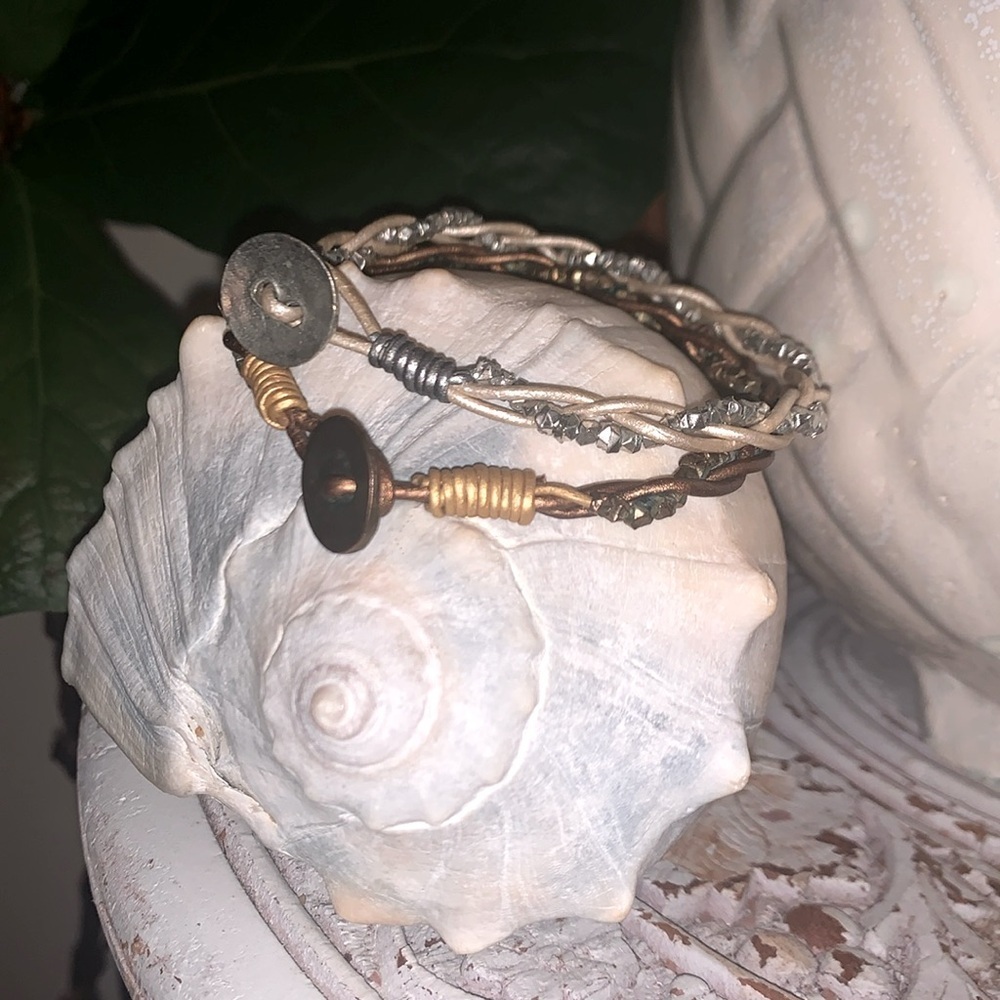 Set of 2 Metallic Braided Beaded Button Bracelets